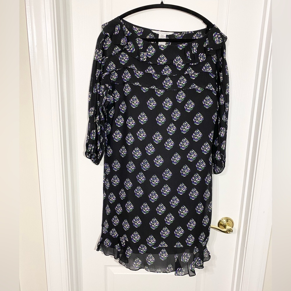 Diane Von Furstenberg SILK Floral Ruffle & Pleat Trim Dress Black Size 8